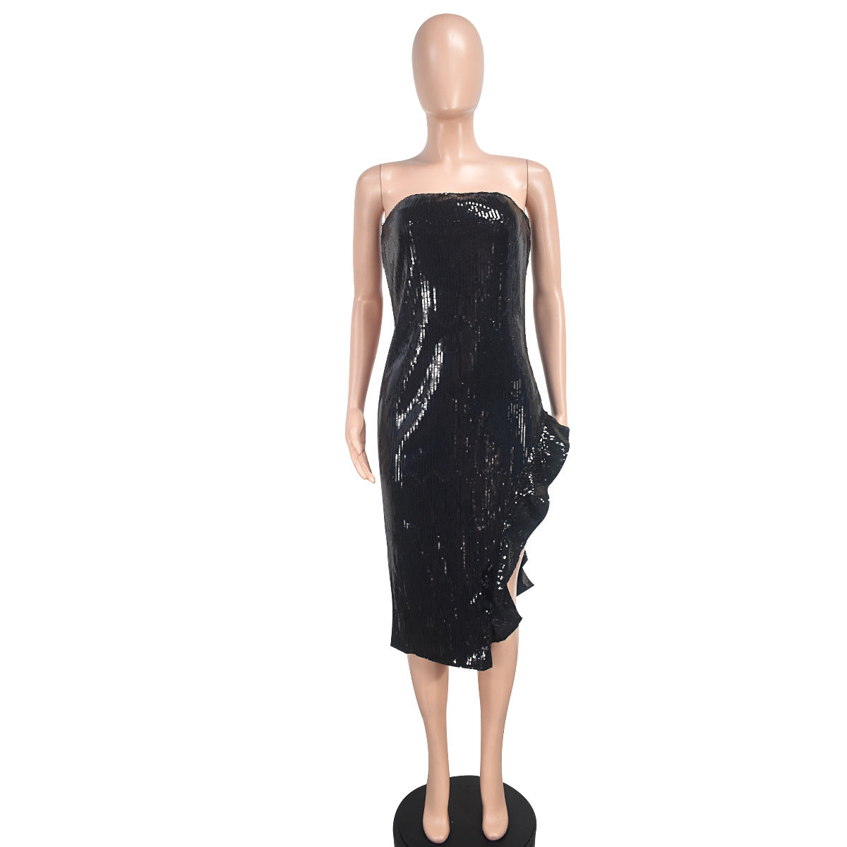 Sexy Fashionable Strapless Irregular Ruffled Slit Sequin Party Dress 6