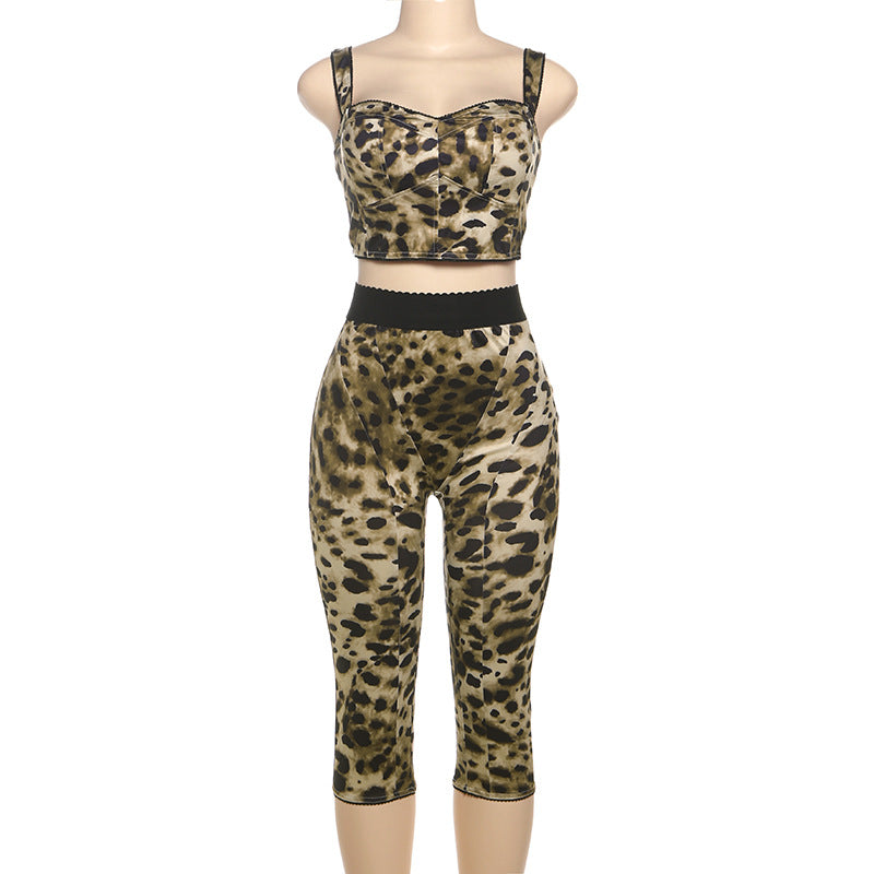 Women Summer Sexy Leopard Print Suspender Top and Cropped Pants Two-Piece Set 9