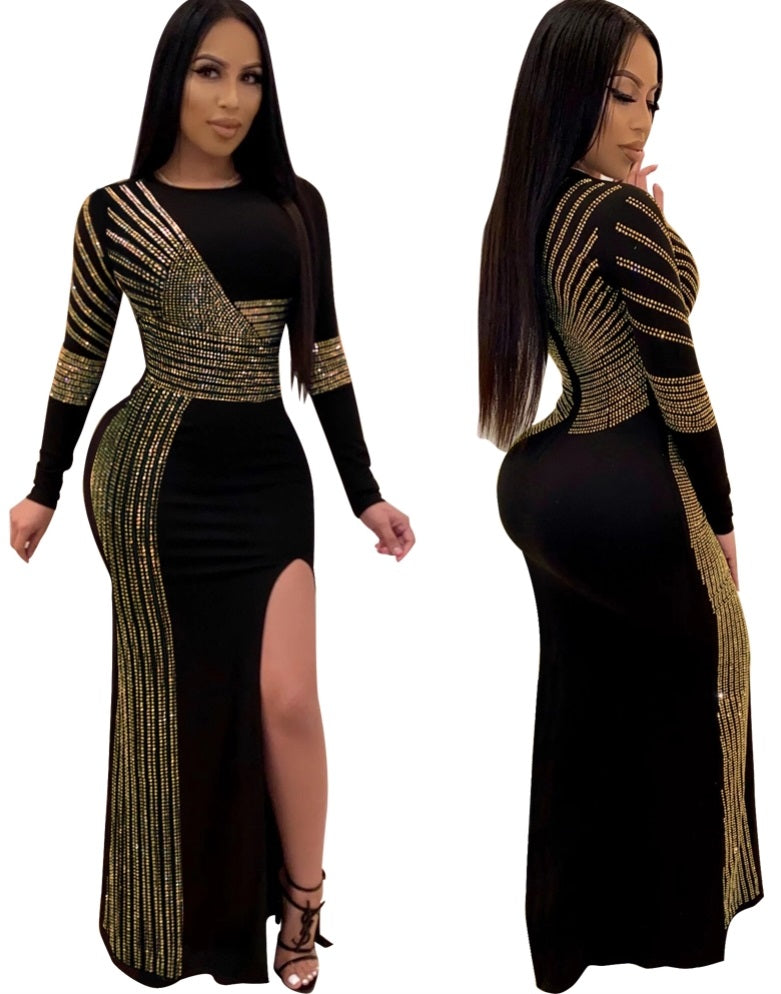 Black and Gold Sequins Slit Evening Dress with Sleeves