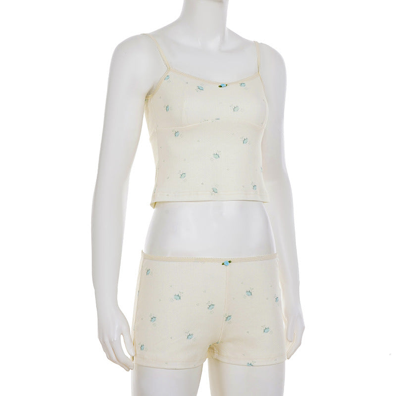 Women Floral Contrast Comfortable Crop Suspender Top and Shorts Two-piece Set 10