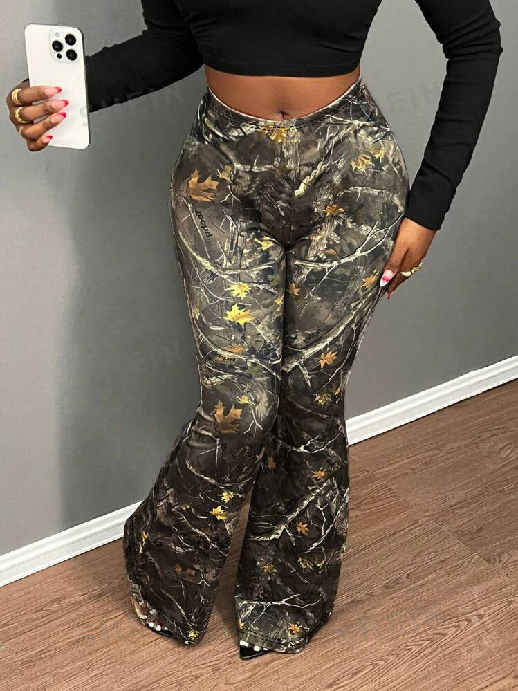 Plus Size Women's High Waist Leaf Print Bell Bottom Pants 5