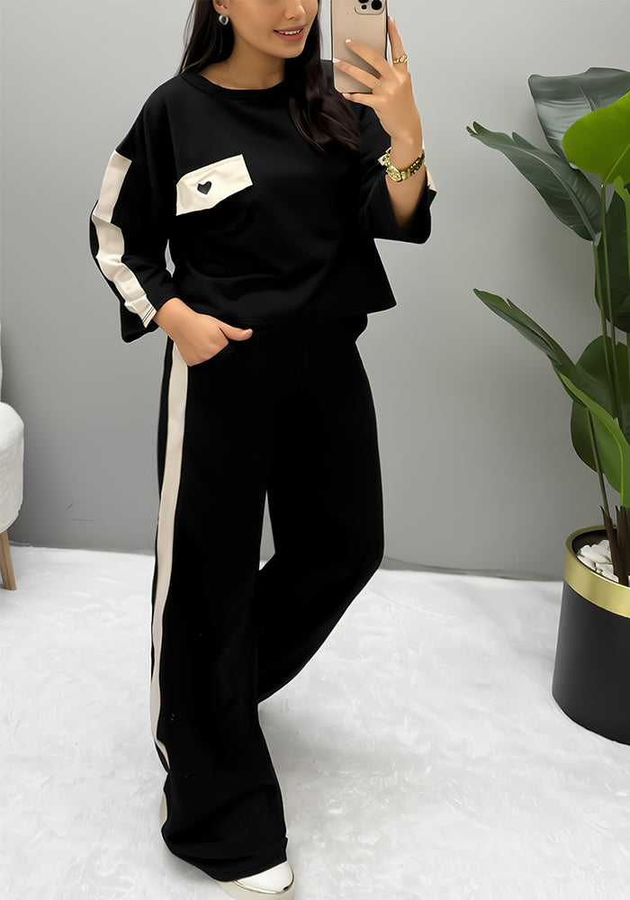 Women Casual Short-Sleeve Round Neck Top and Contrast Color Patchwork Two-Piece Pants