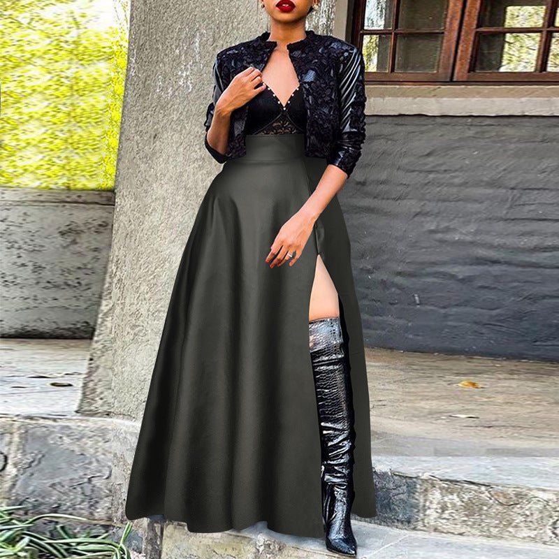 Plus Size Women pu-Leather Zipper Slit Skirt 4