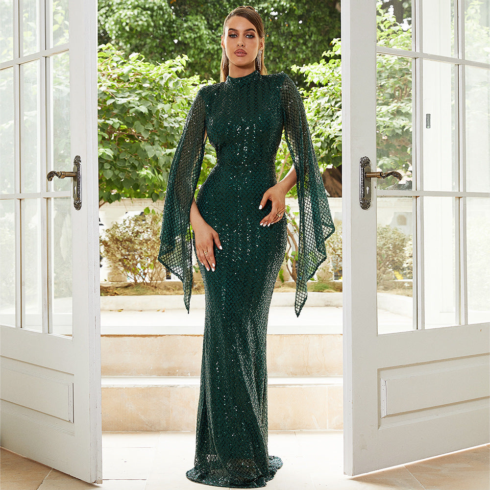 Women Long Sleeve Round Neck Sexy Sequin Formal Party Maxi Evening Dress 3