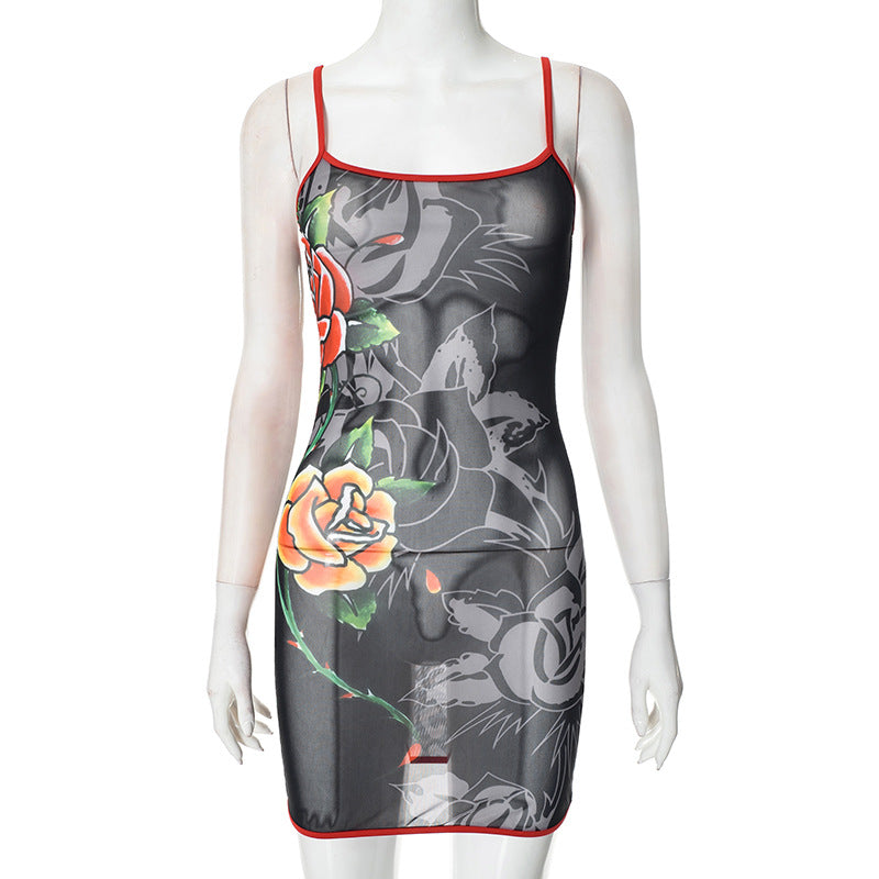Spring & Summer Women's Strappy Round Neck Floral Print See-Through Mesh Bodycon Dress 10