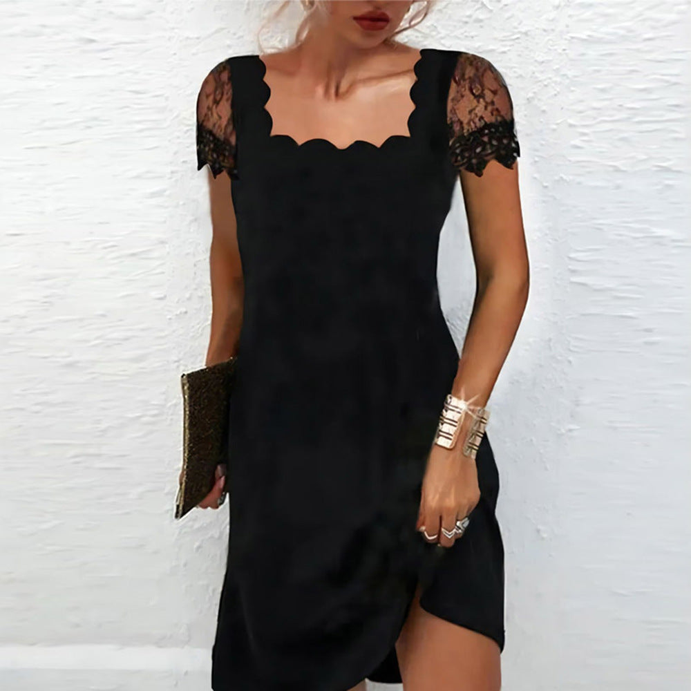 Women Winter Lace Short Sleeve Solid Dress
