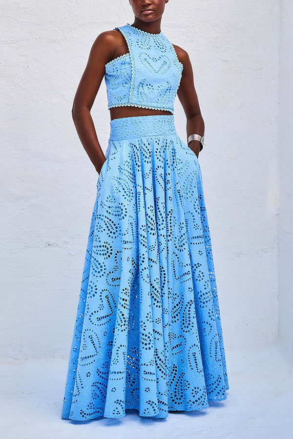 Women Spring Summer Casual Holidays Sleeveless Top and Skirt Two-piece Set 8