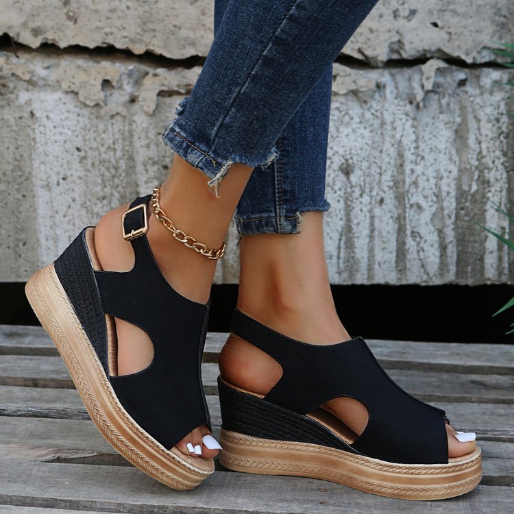 Women Summer Peep-Toe Wedge Open Toe Buckle Strap Roman High Heel Sandals 3