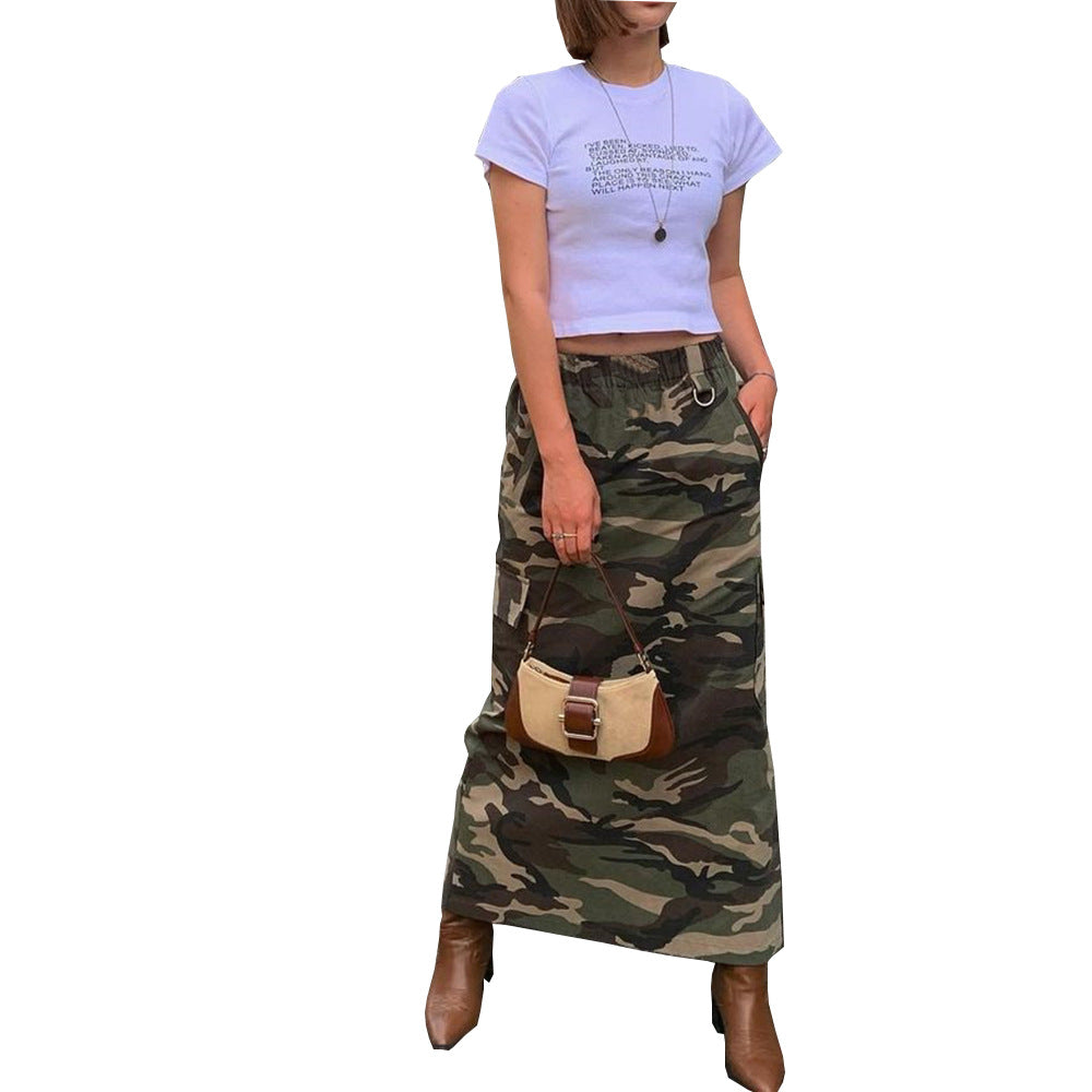 Elastic Waist Women's Spring and Summer Pocket Outdoor Fashion Style Camouflage Washed Skirt 6