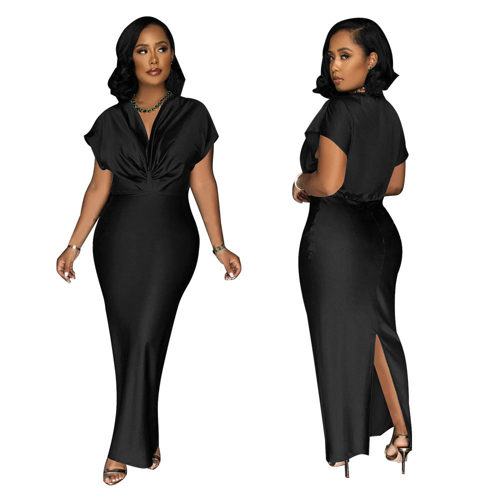 Fashionable Women's V-Neck Short-Sleeved Chic Slim-Fitting Back Slit Dress 6