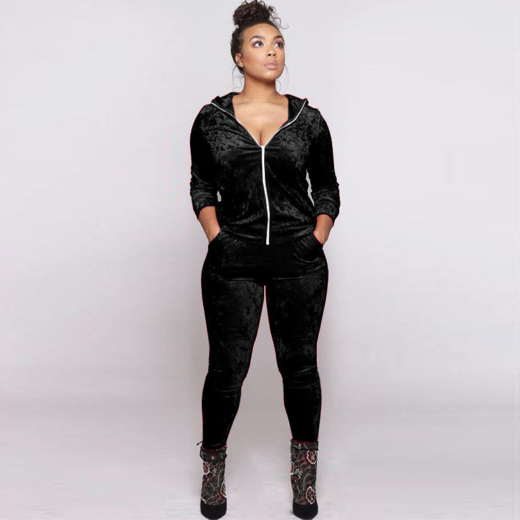 Women Fall and Winter Casual Velvet Hooded Zippered Top Long Pants Two-piece Set 6
