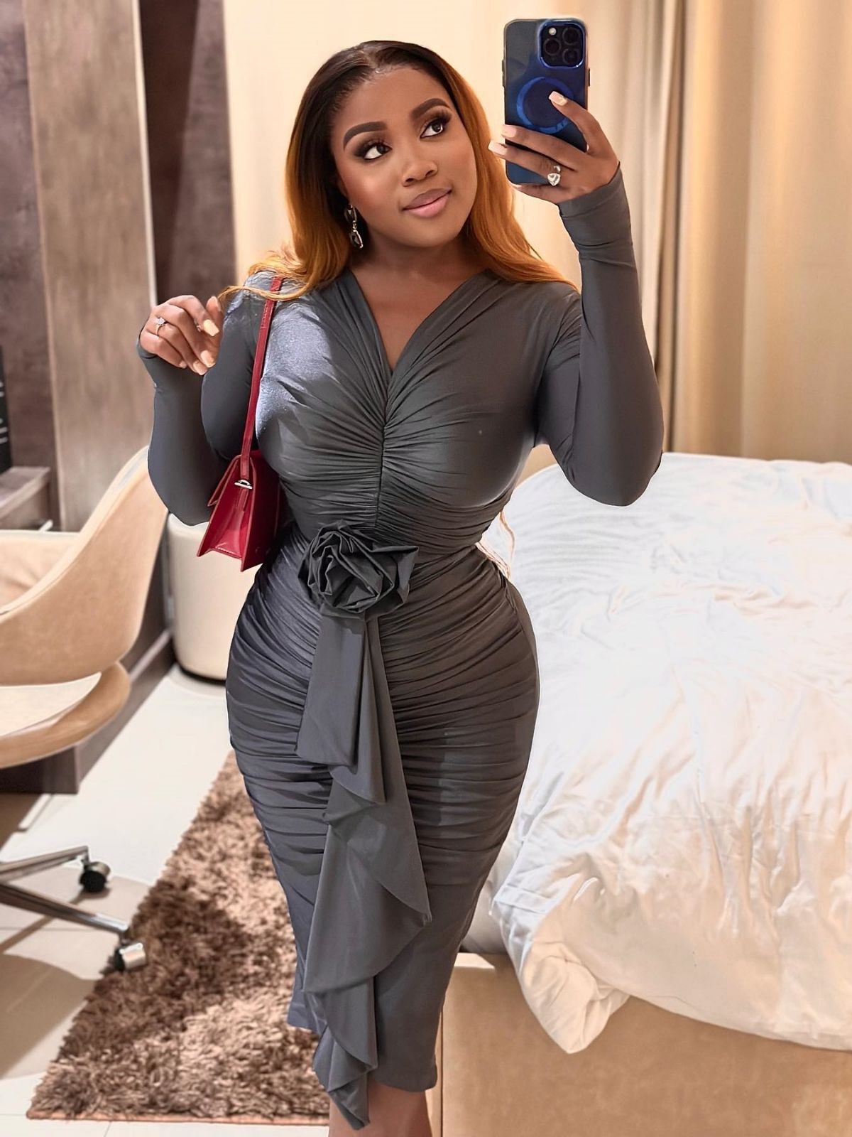 Women's Autumn And Winter Long Sleeve V-Neck Flower Sexy Bodycon Dress 9