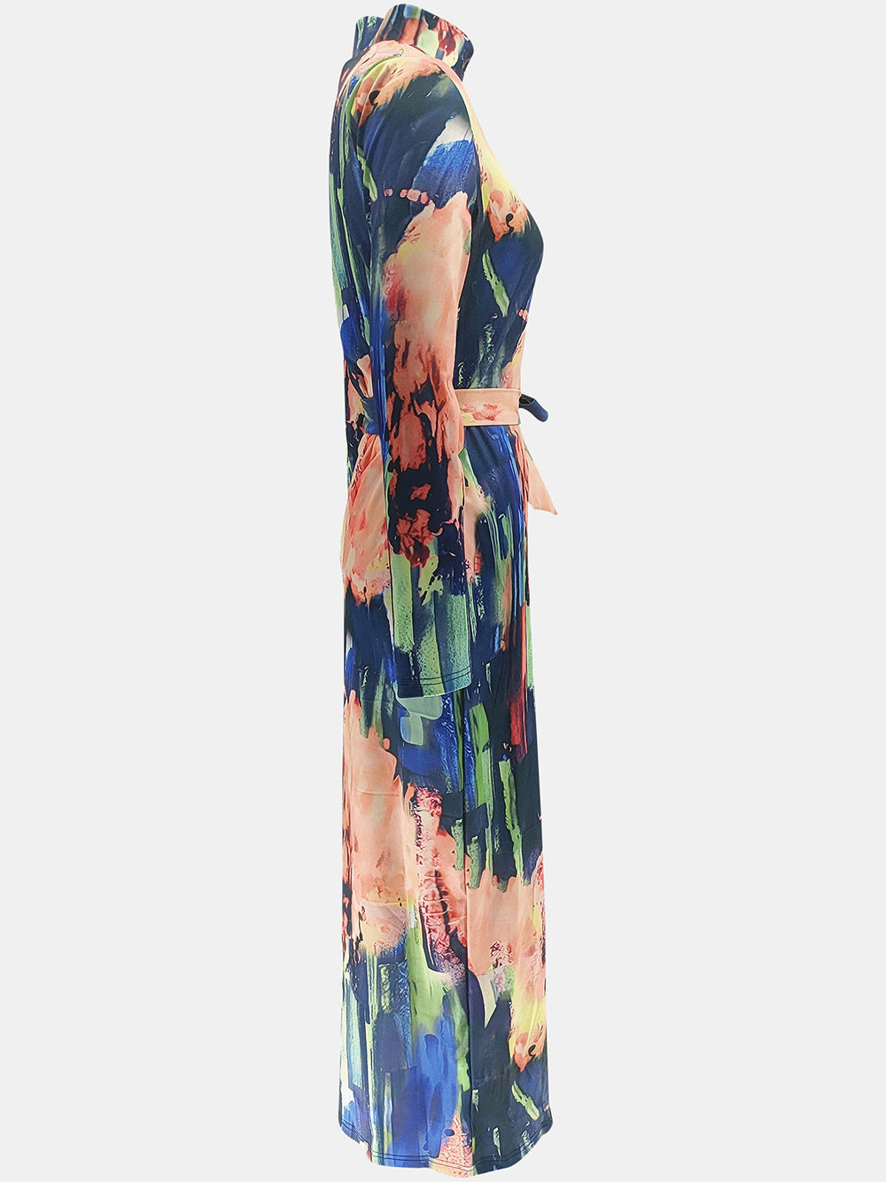 Women's Zipper Printed Long Sleeve Slim Dress With Belt 9