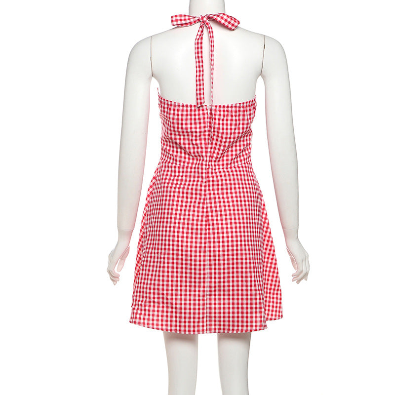 Summer women's clothing sexy Halter Neck contrast color slim Slim Fit Lace-Up plaid dress 7