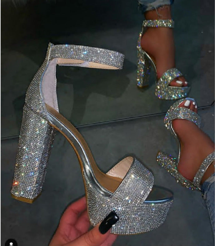 Women Chunky High Heel Rhinestone Strap Sandals