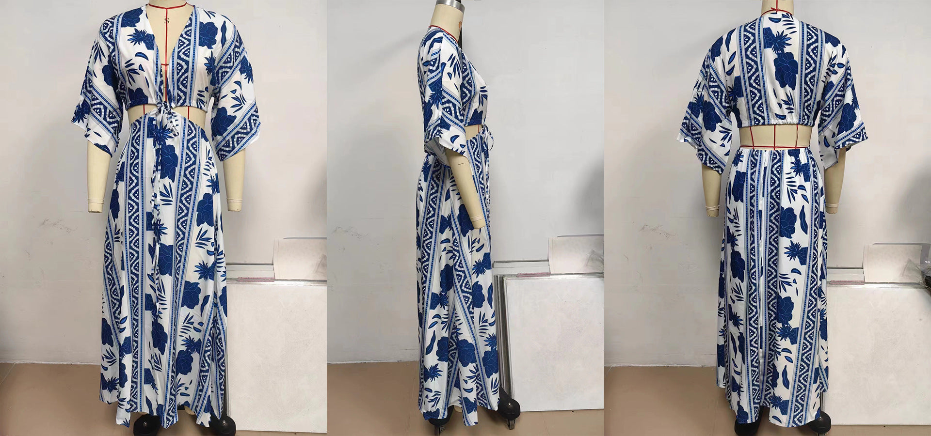 Women Color Block Bat Sleeves Lace-Up Maxi Dress 7