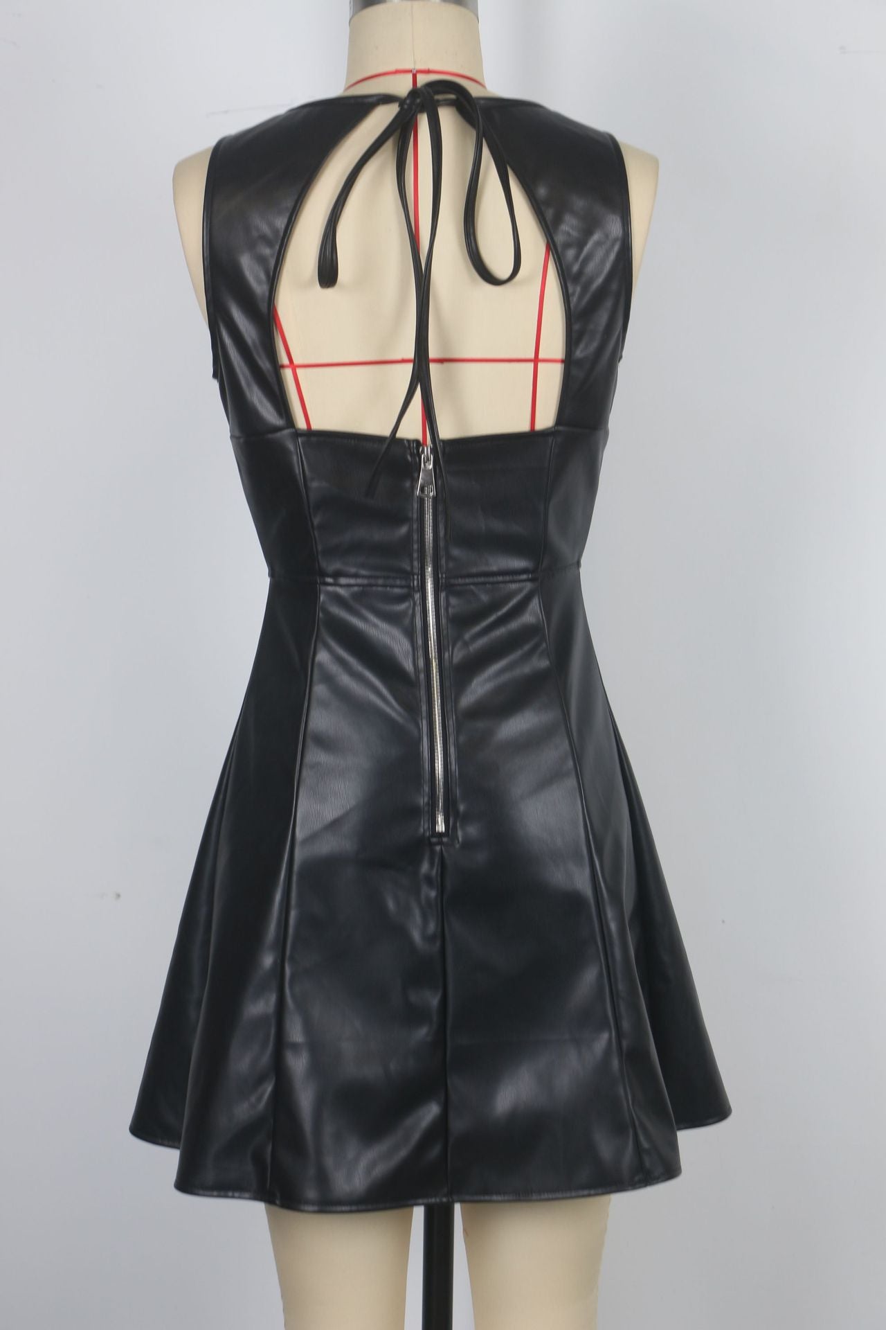 Women V-neck Backless Sexy Pu Leather Dress 7