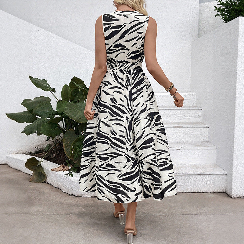 Women Elegant V-Neck Sleeveless Zebra Print Dress 3
