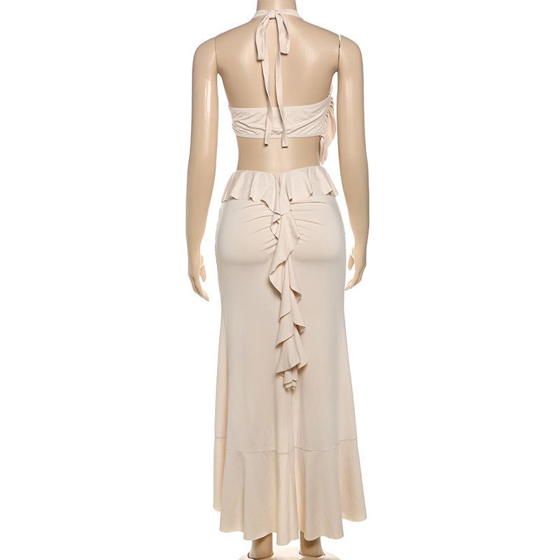 Women Summer Sexy Solid Halter Neck Lace-Up Tank Top and Split Skirt Two-piece Set 8