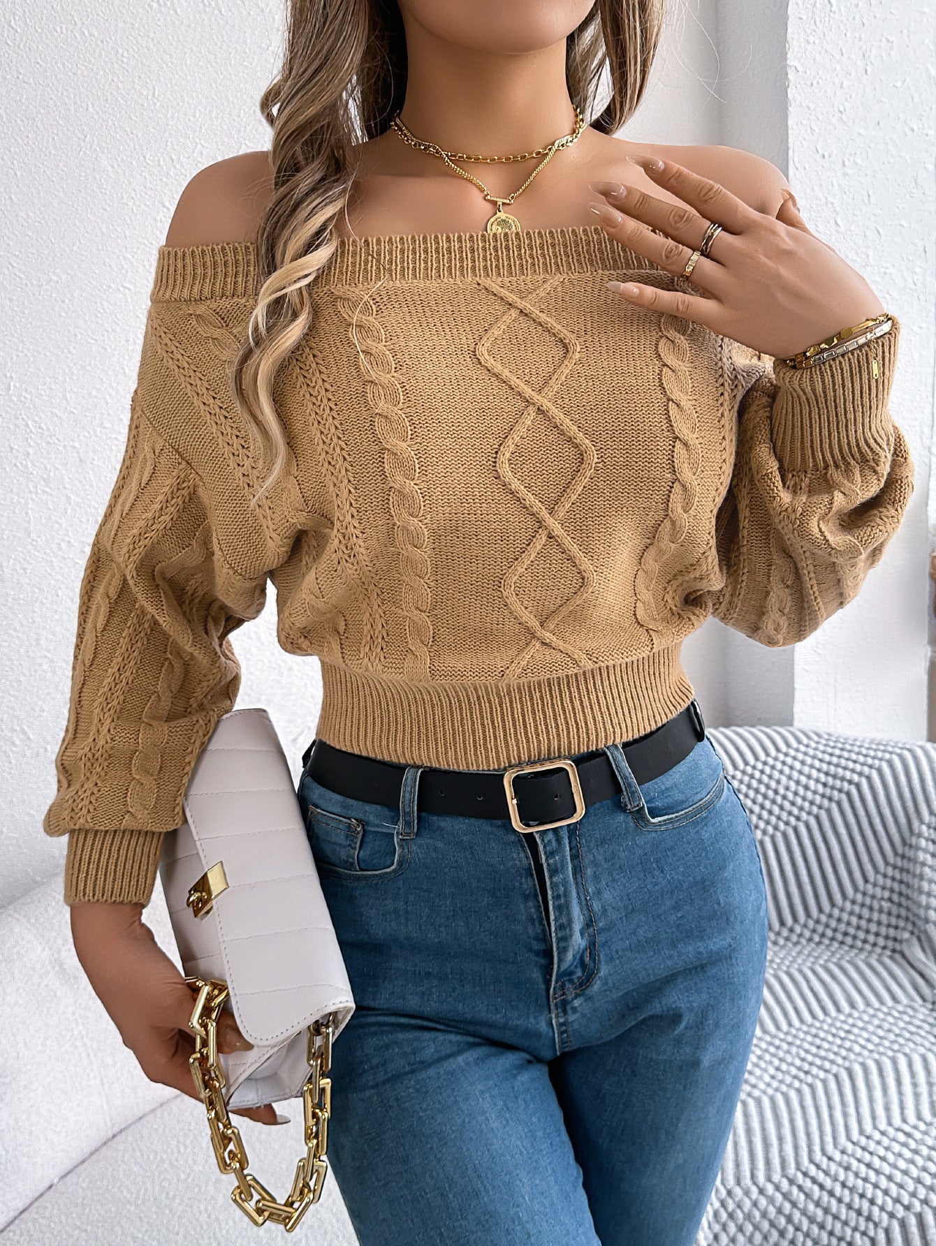 Autumn Winter Casual Solid Off Shoulder Long Sleeve Women Pullover Sweater 3