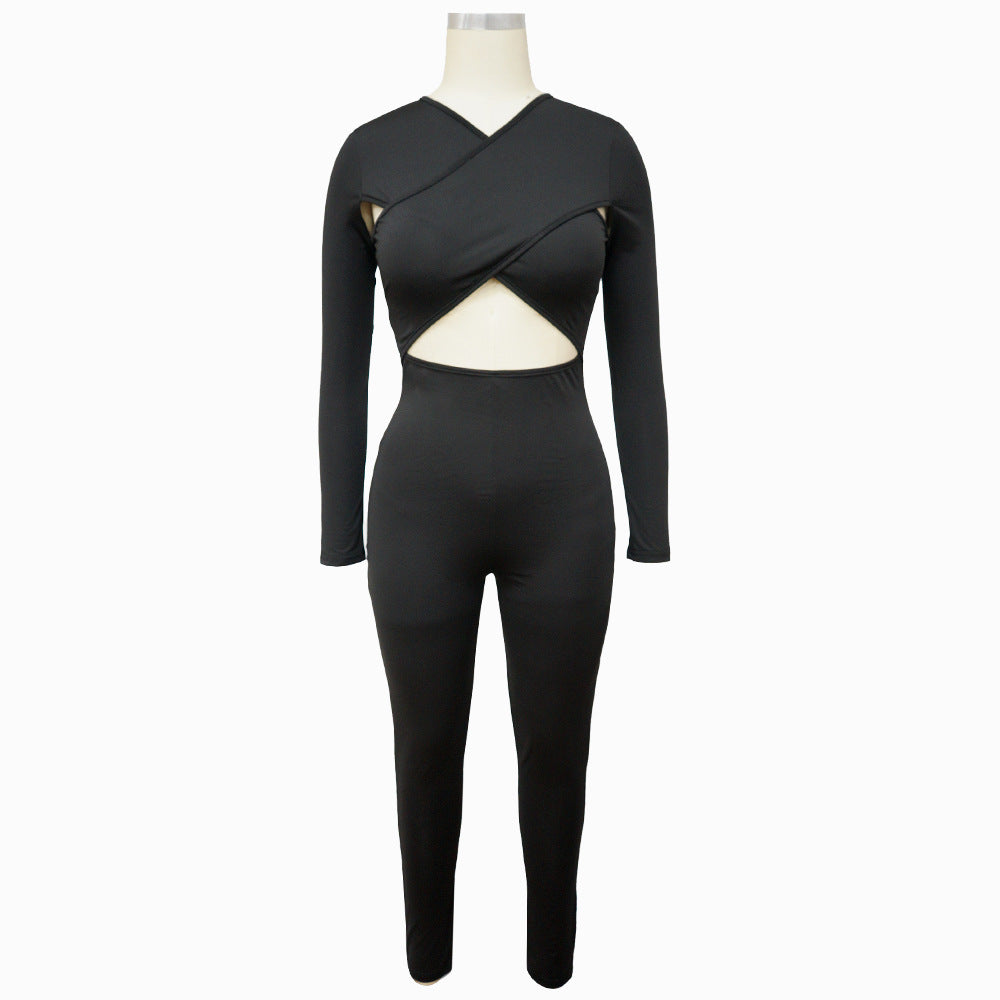 Fall/Winter Sexy Crossover Lace-Up Solid Jumpsuit 15