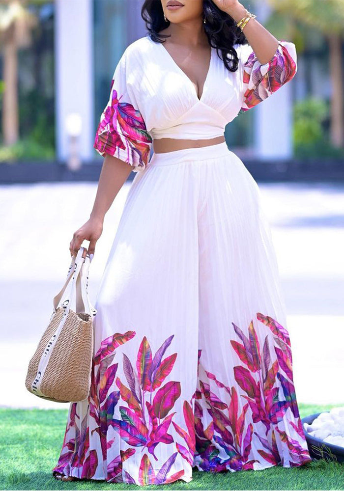 Women's Summer fashion v-neck printed top wide-leg pants two-piece suit