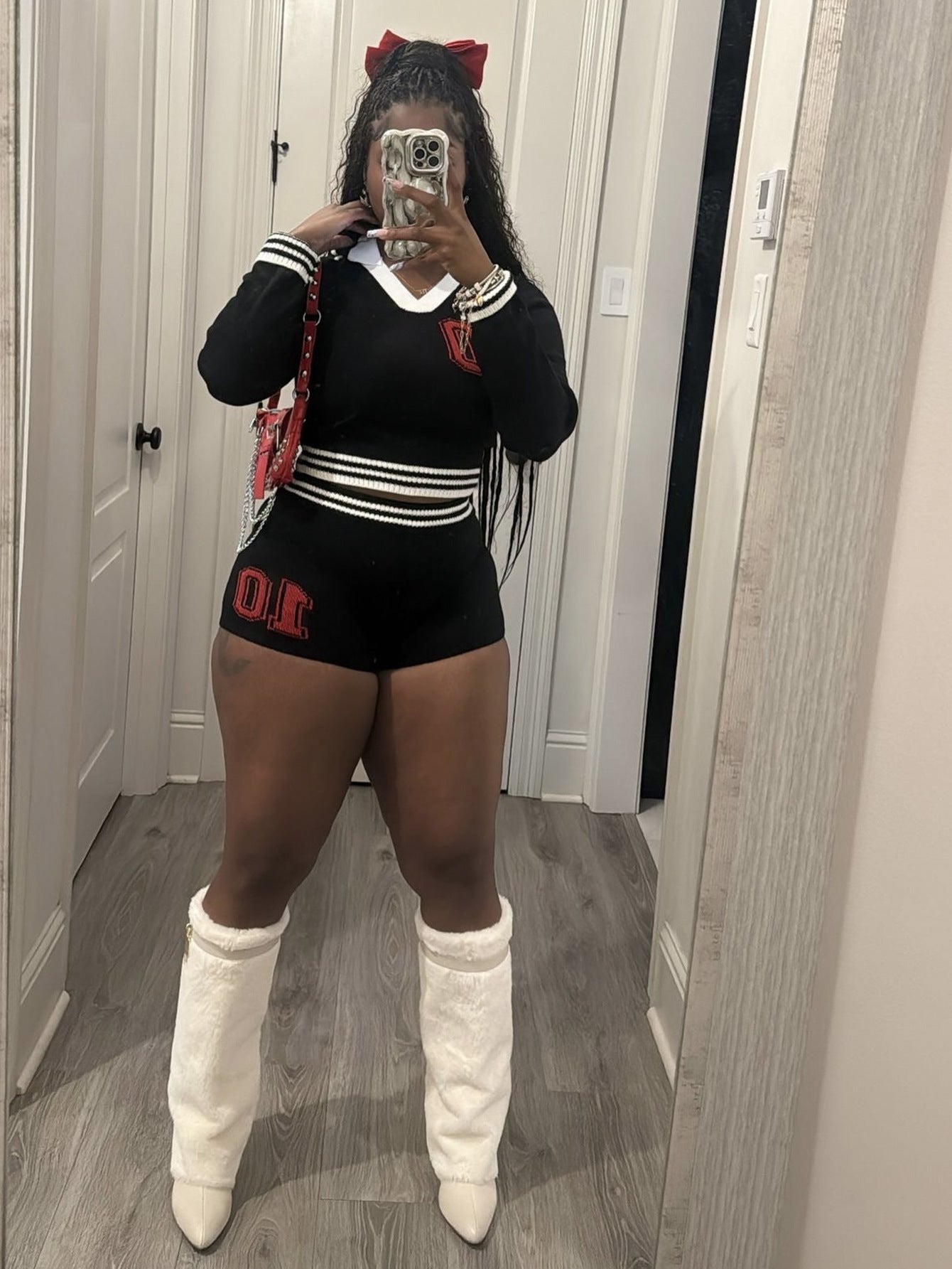 Women autumn turndown collar contrast color long-sleeved top shorts two-piece set 9