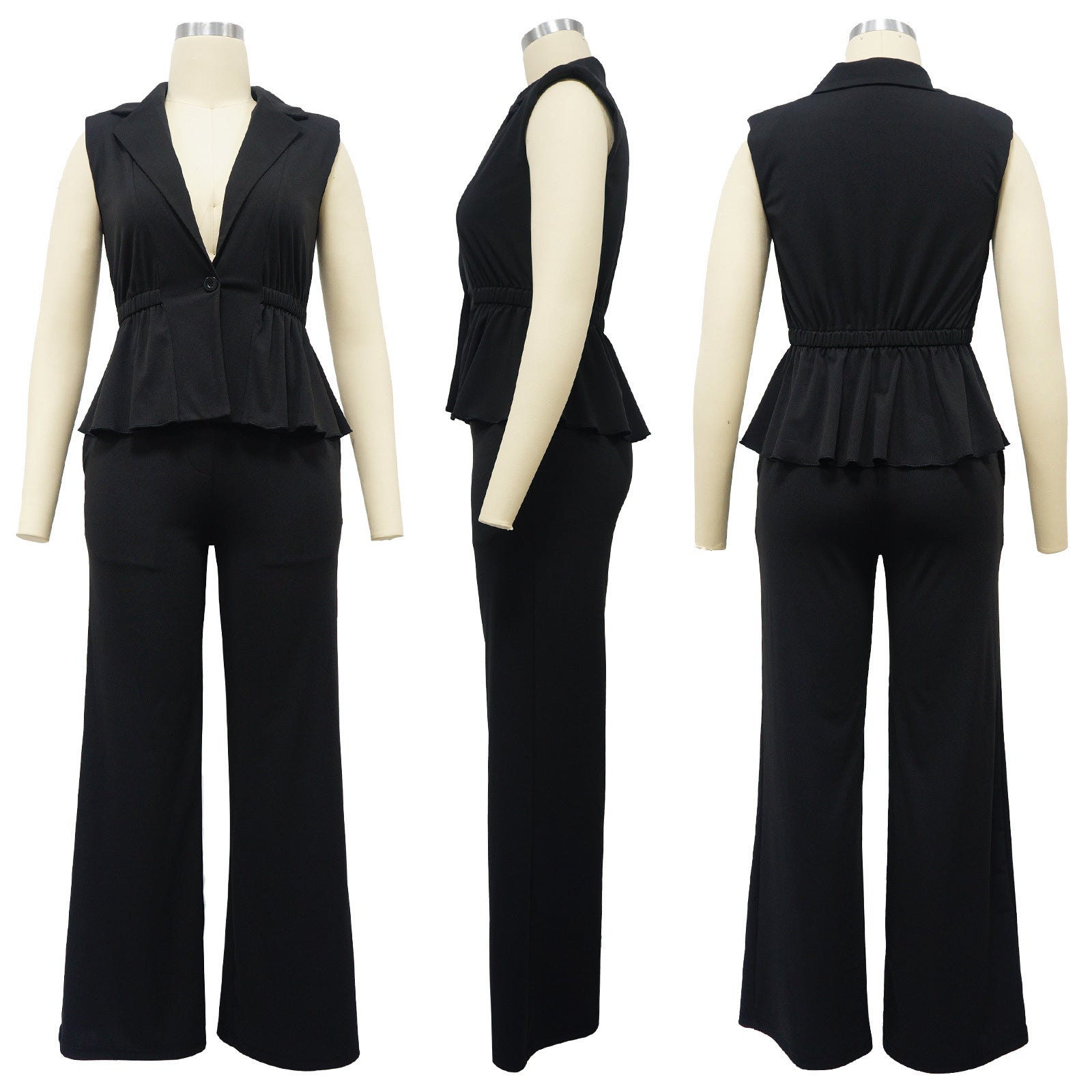 Fashion Women's Solid Color Turndown Collar Sleeveless Casual Two Piece Suit 13