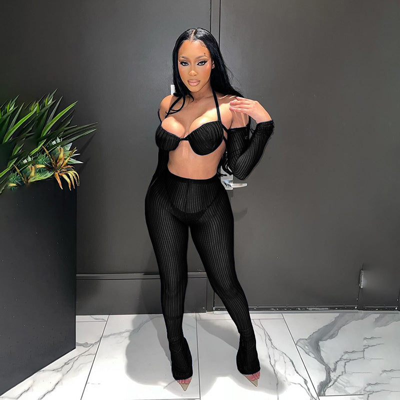 Summer Women's Fashion Trend Long-Sleeved Crop Top Lace Bra Sexy Slim Pants Set 9