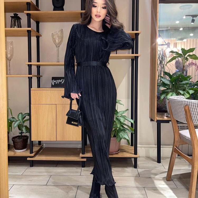 Women's Autumn Round Neck Belt Bell Bottom Long Sleeve Long Pleated Dress 7