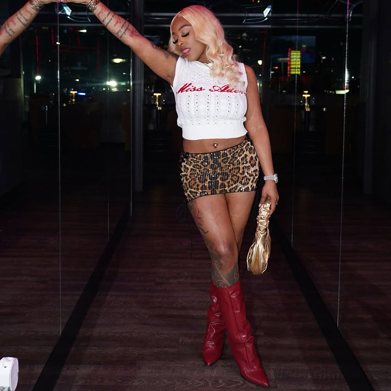 Women's spring and summer leopard print sequin low waist hollow slit Lace-Up skirt 9