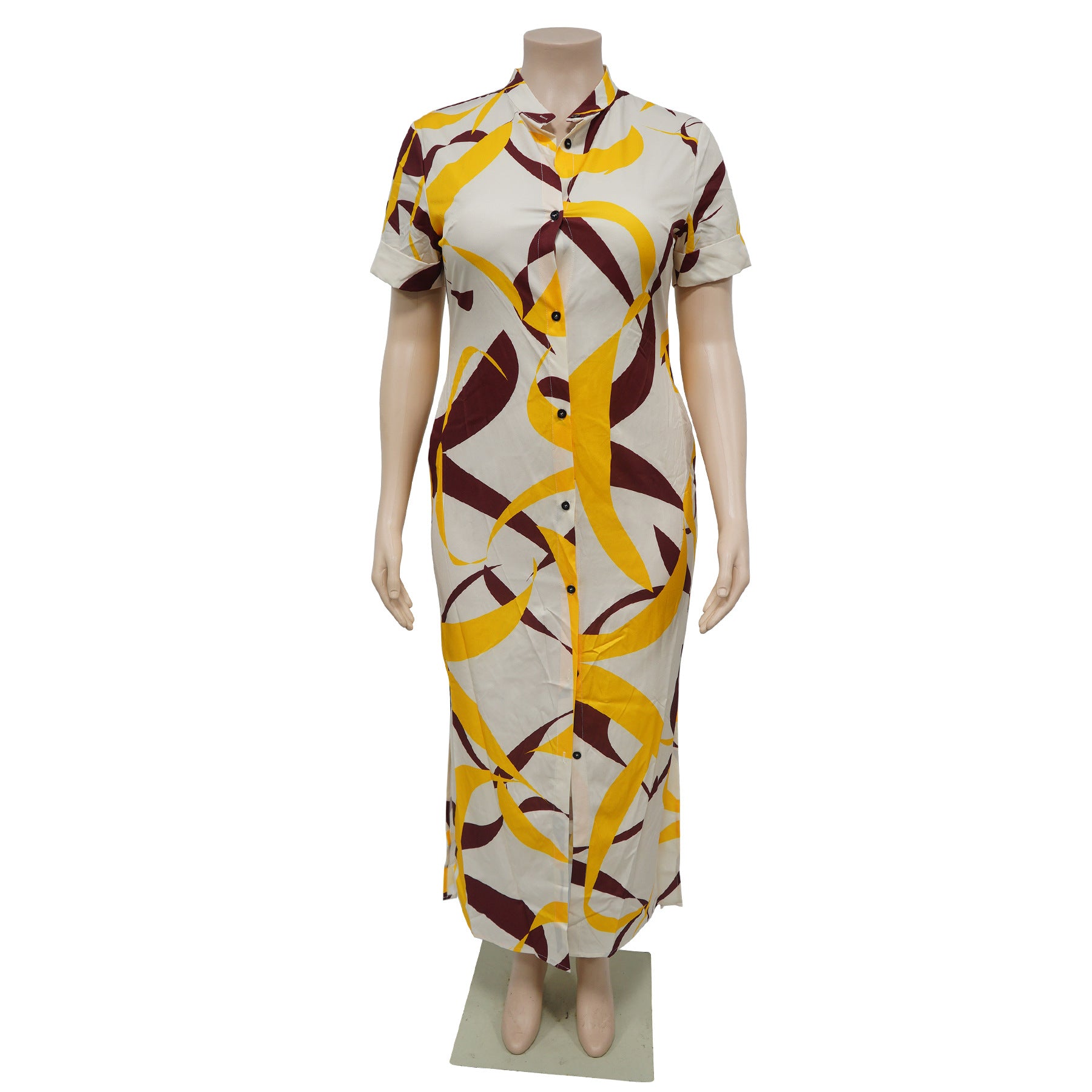 Summer Fashion Printed Short Sleeve Slit Shirt Maxi Dress Plus Size Dress 13
