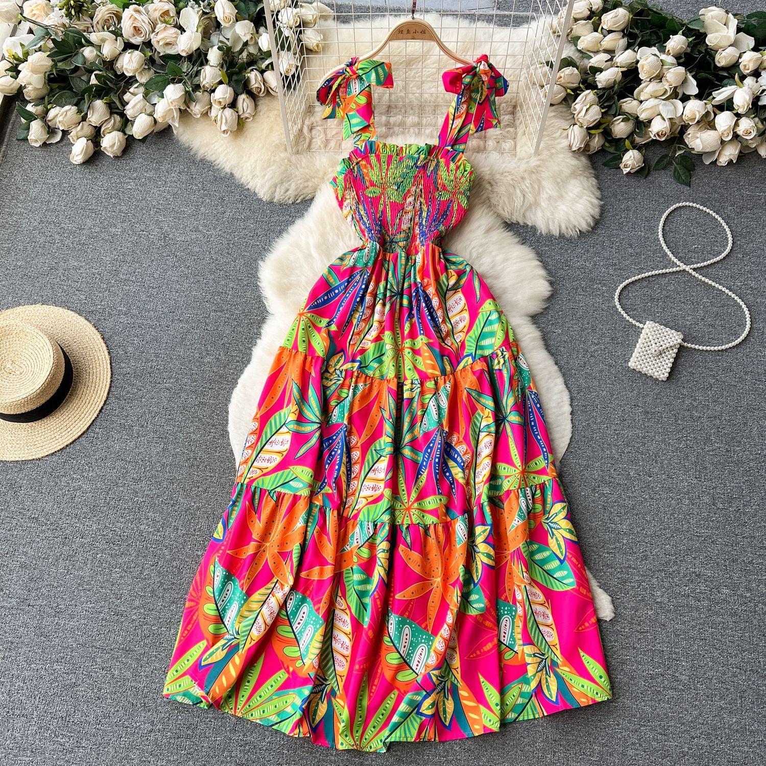 Holidays Dress Summer Strap Lace-Up Slim Waist Flared Print Dress 3