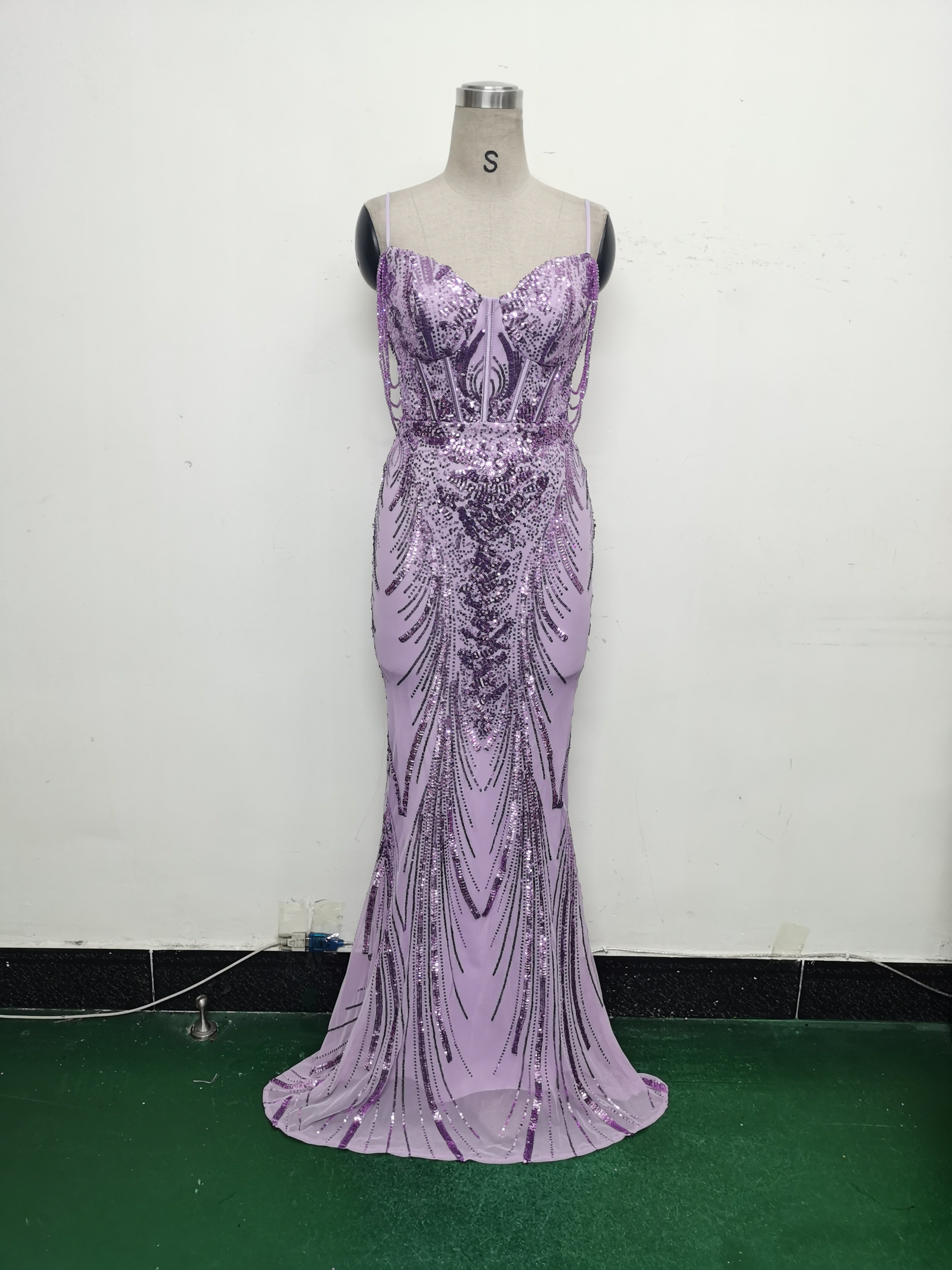 Fishbone Slim Waist Sexy Rhinestone Chain Strap Evening Dress 41