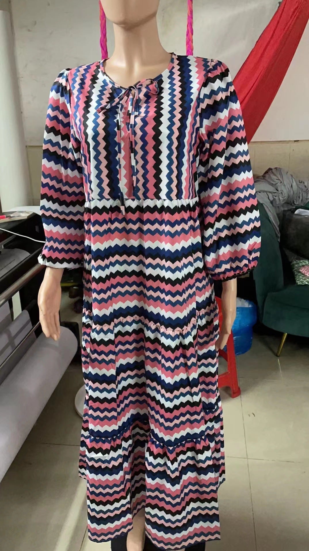 Women Summer Geometric Patch Puff Sleeve Dress 49