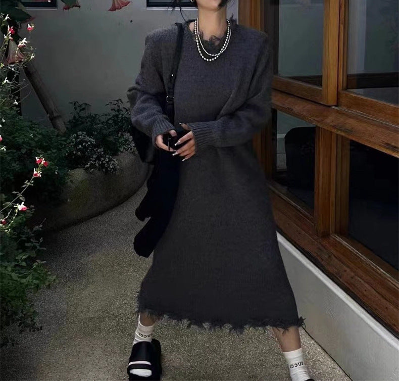 Long Ripped Raw Edge Knitting Dress Women's Autumn And Winter Loose Long Sleeve Basic Shirt 6