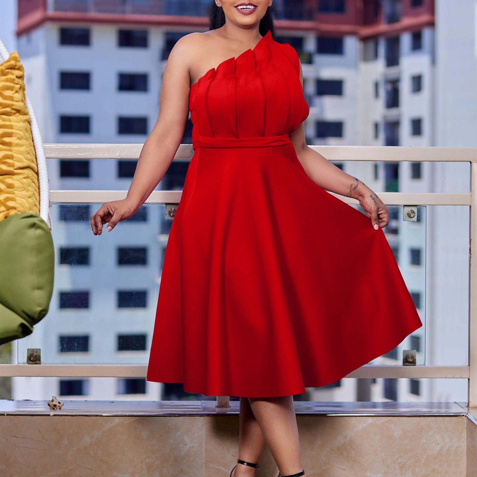 Plus Size Women Solid Sexy Pleated Formal Party Dress 9