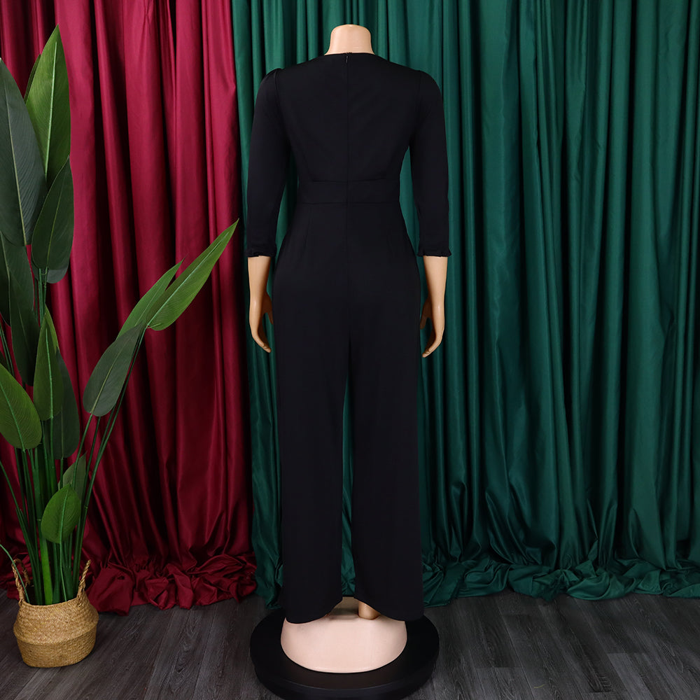 Plus Size African Women Long Sleeve Solid Loose Wide Leg Jumpsuit 36