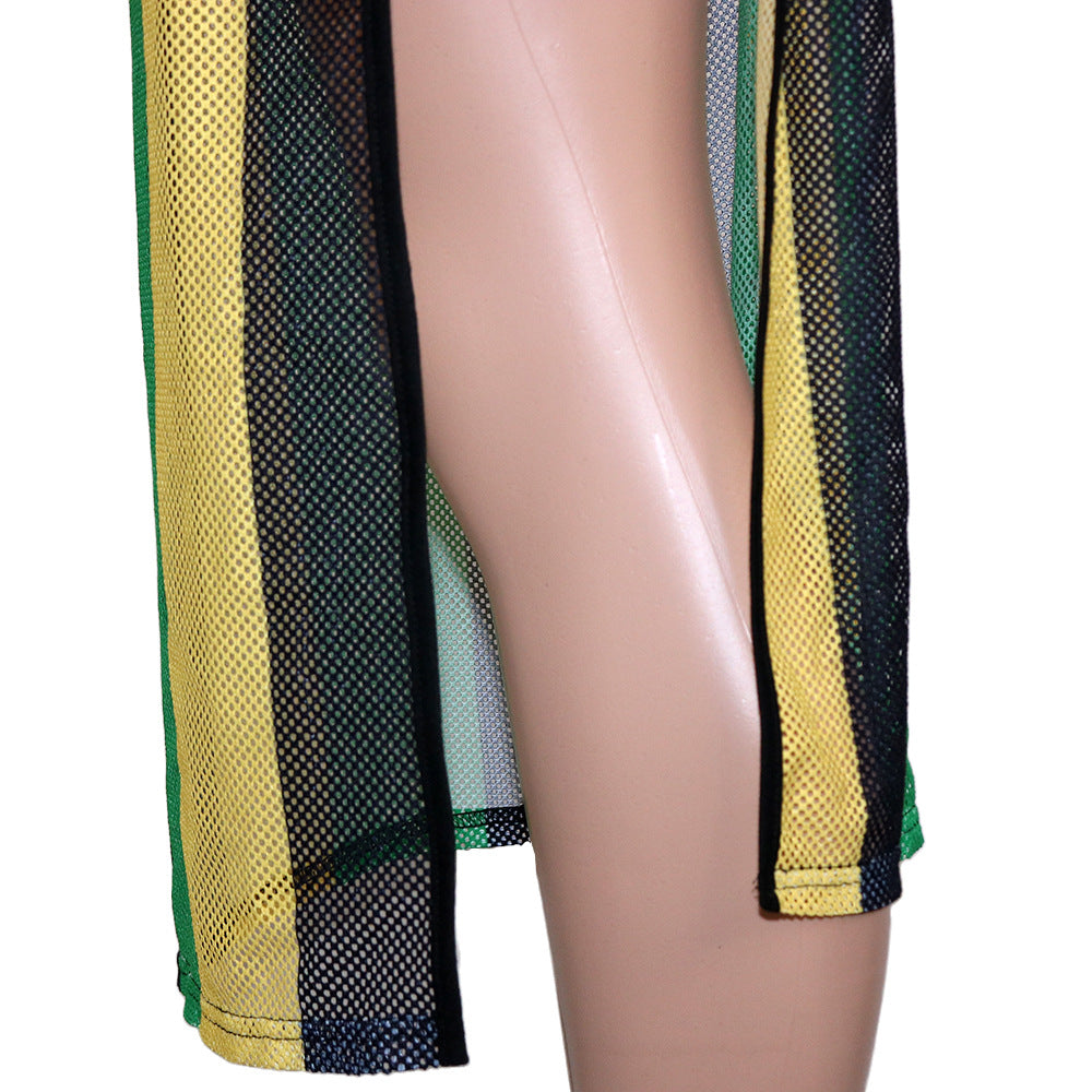 Women's summer short-sleeved striped color-block slit dress 17