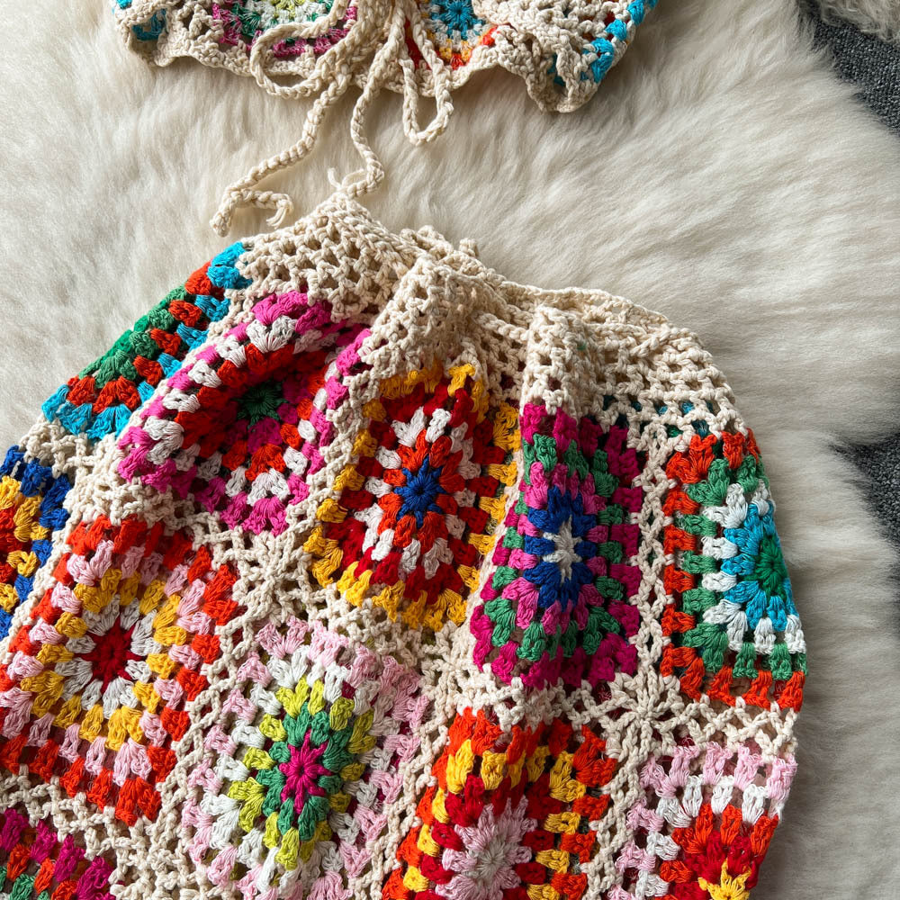 Women Summer Crochet Flower Suspender Top and Wide Leg Pants Retro Two-piece Set 21