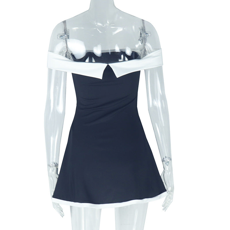 Women's clothing black and white color matching fresh Off Shoulder A-line short dress 9