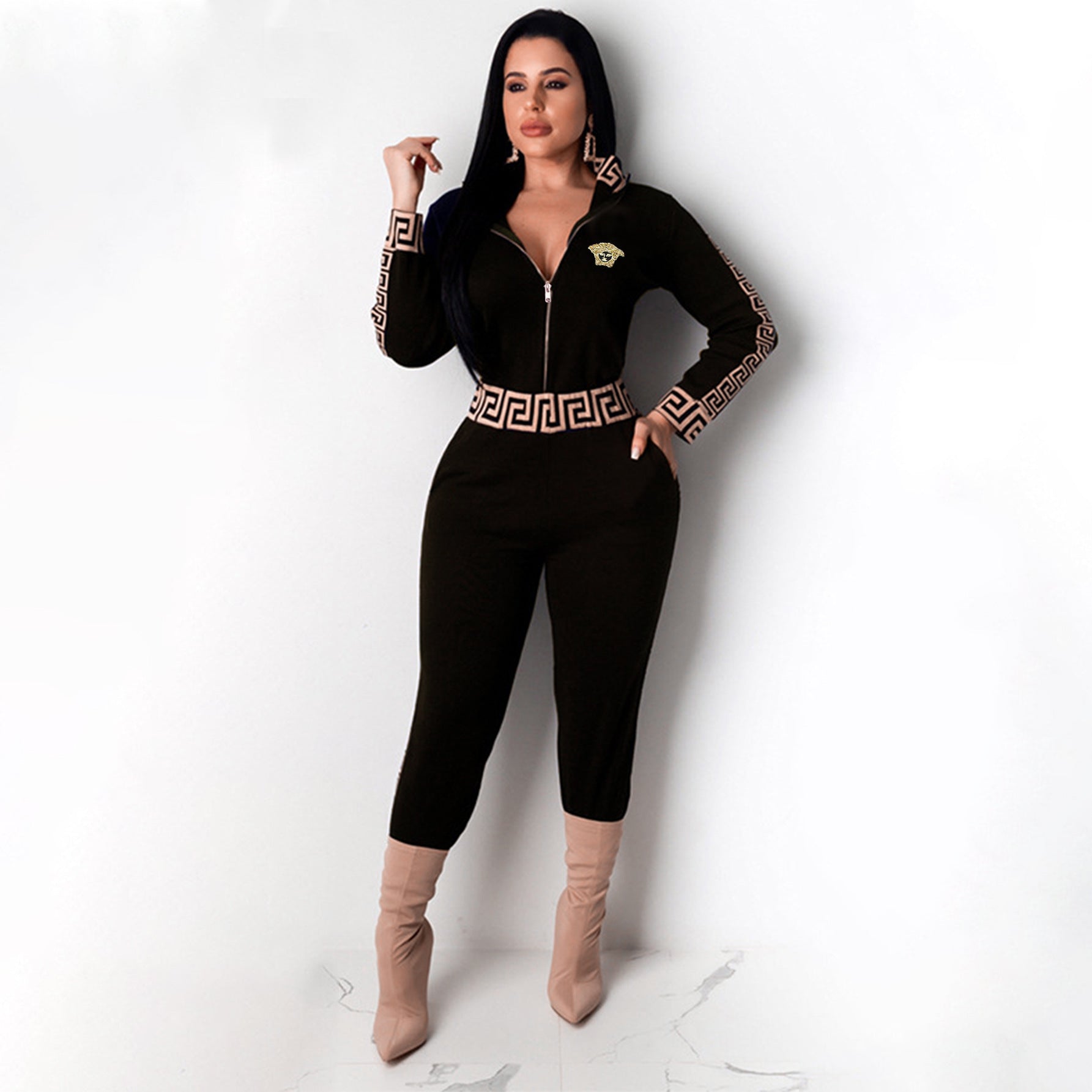 Fashion Casual Women's Zip Long Sleeve Top Pants Two Piece Set 3