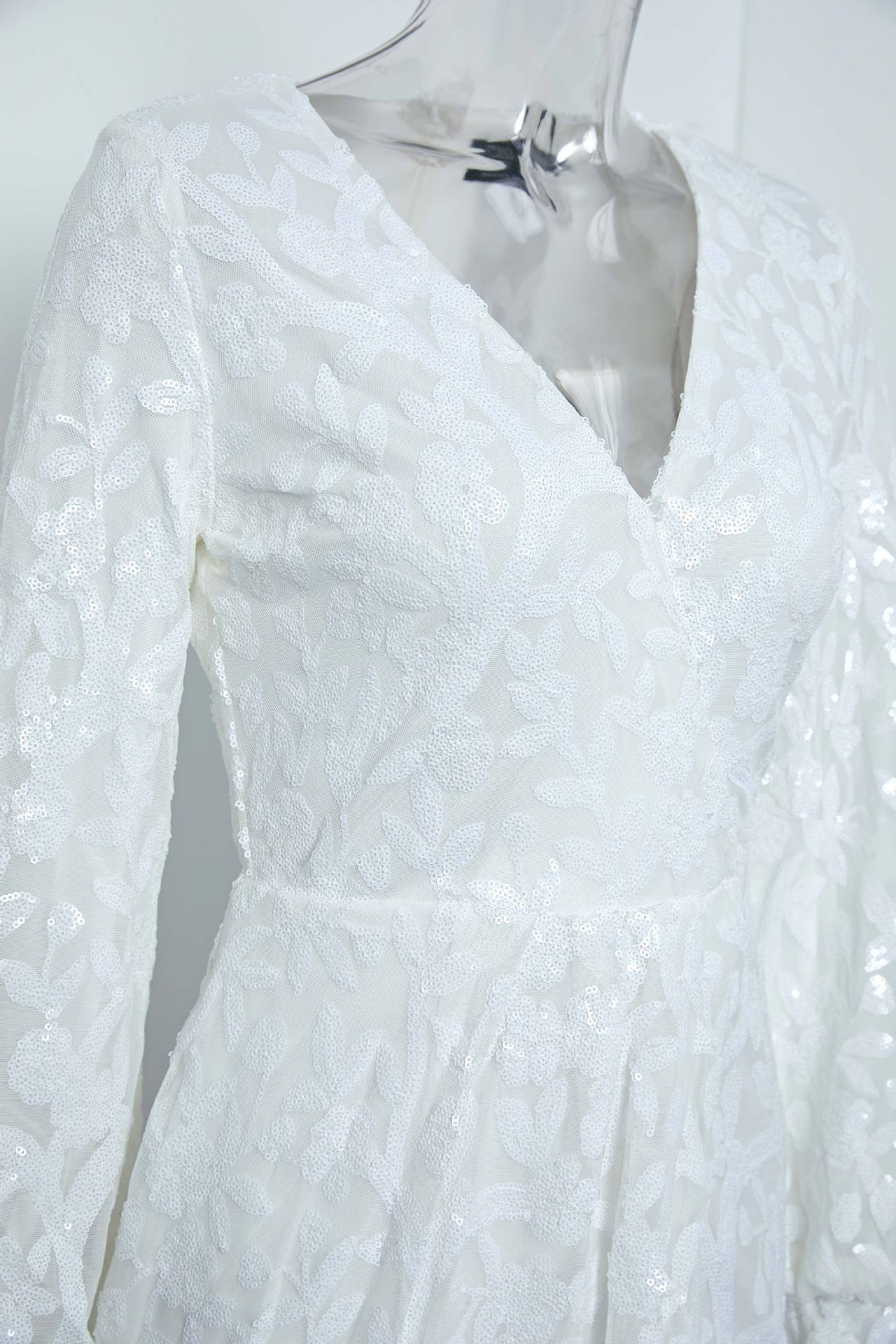 Women's Chic Deep V-Neck Long Sleeve Solid Color Slit Bridesmaid Dress Sequin Formal Party Evening Gown 9