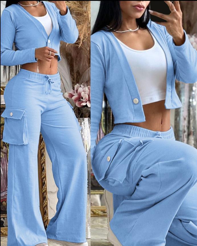 Fashionable casual solid color long sleeve two piece pants set women's clothing 12
