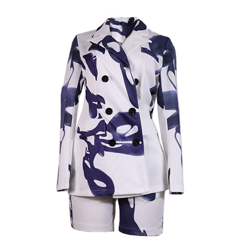 Women Fall/Winter Printed Blazer and Shorts Two-Piece Set 6