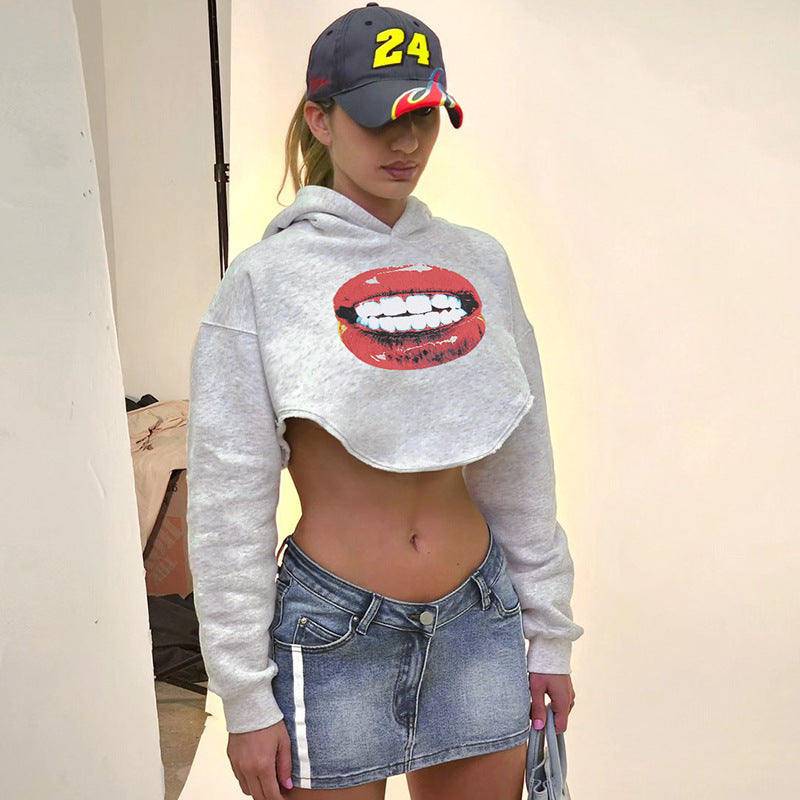 Women American Street Sports Long Sleeve Loose Big Red Lip Crop Hoodies 3
