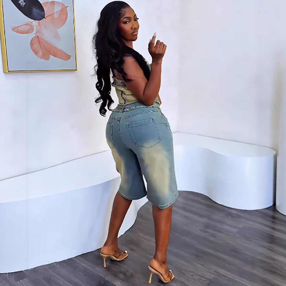 Women washed chest-wrapped top raw edge sretchy pants two piece set 4