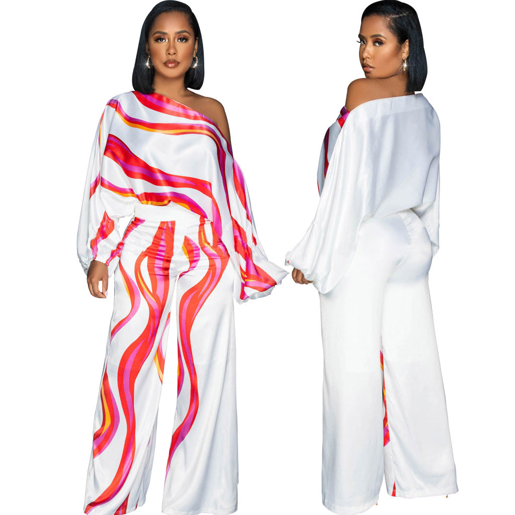 Sexy Fashion Print Slash Shoulder Long Sleeve Women's Wide Leg Jumpsuit 9