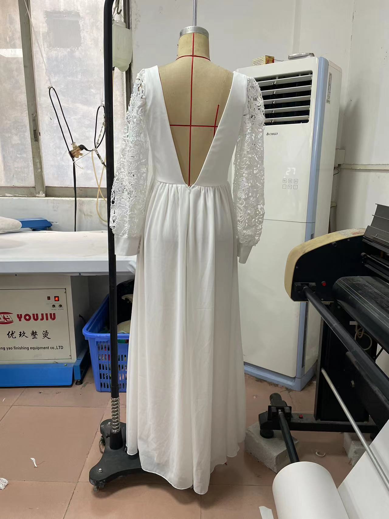 Spring Elegant V-Neck Low Back Long Sleeve Slit Women's Wedding Dress 6