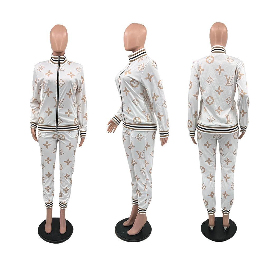 Women's Outdoor Casual High Ribbed Zipper Pocket Jacket Pants Two-Piece Set 12